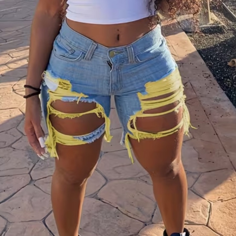 Denim Shorts Distressed Neon Yellow Blue Jeans Y2K Urban